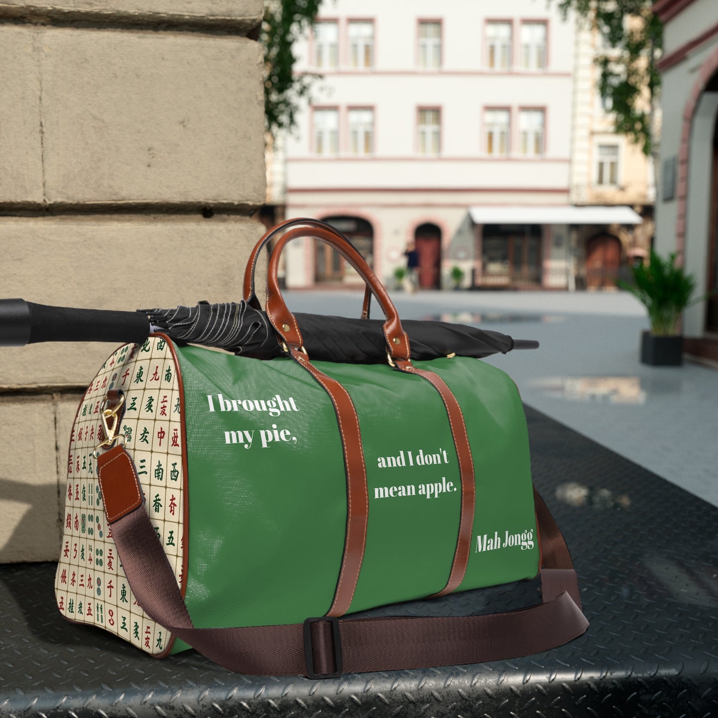 Mah Jongg Waterproof Travel Bag — 'I brought my pie, and I don't mean apple.' Duﬀel for Players & Tournament Travel
