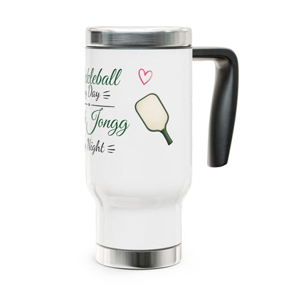 Pickleball by Day, Mah Jongg by Night Travel Mug — 14oz Stainless Steel -For Mah Jongg or Pickleball Games