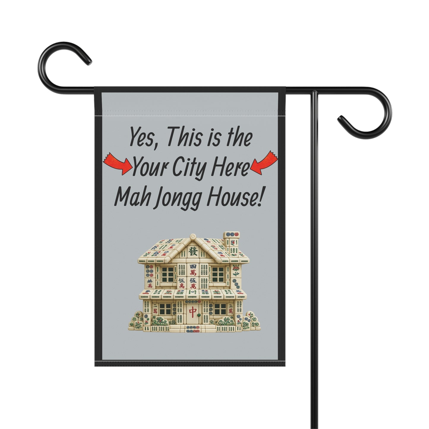 City Mah Jongg Flag: "Yes, This Is the Mah Jongg House!"-  Gray Outdoor Flag