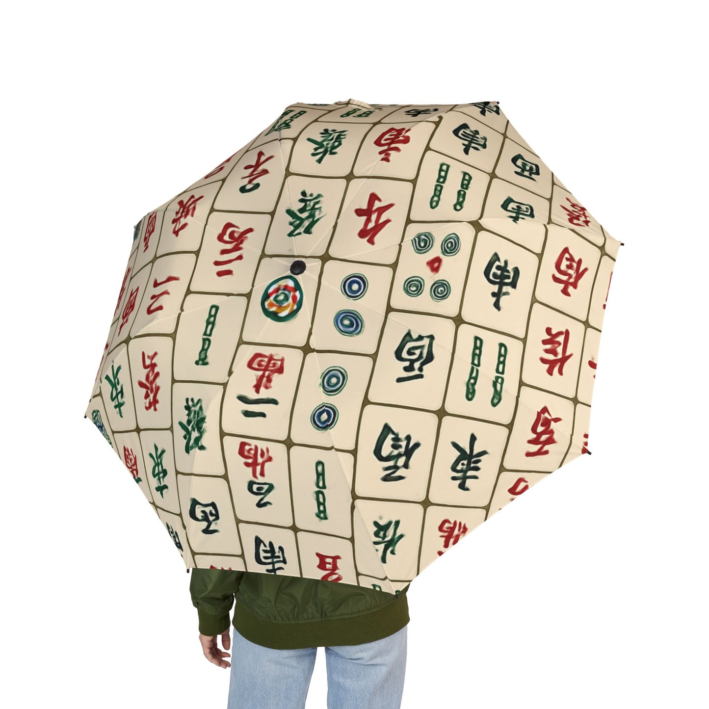 Mahjong Tile Pattern Umbrella: Semi-Automatic Foldable Rain Umbrella
