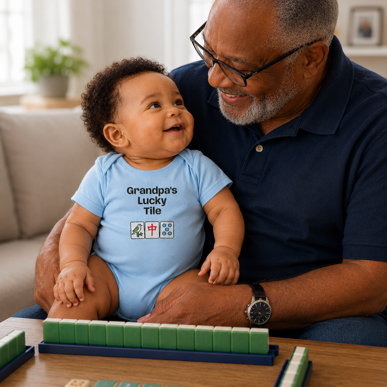 Grandpa's Lucky Tile Bodysuit | Mahjongg baby onesie - For family gathering, game night or perfect gift.