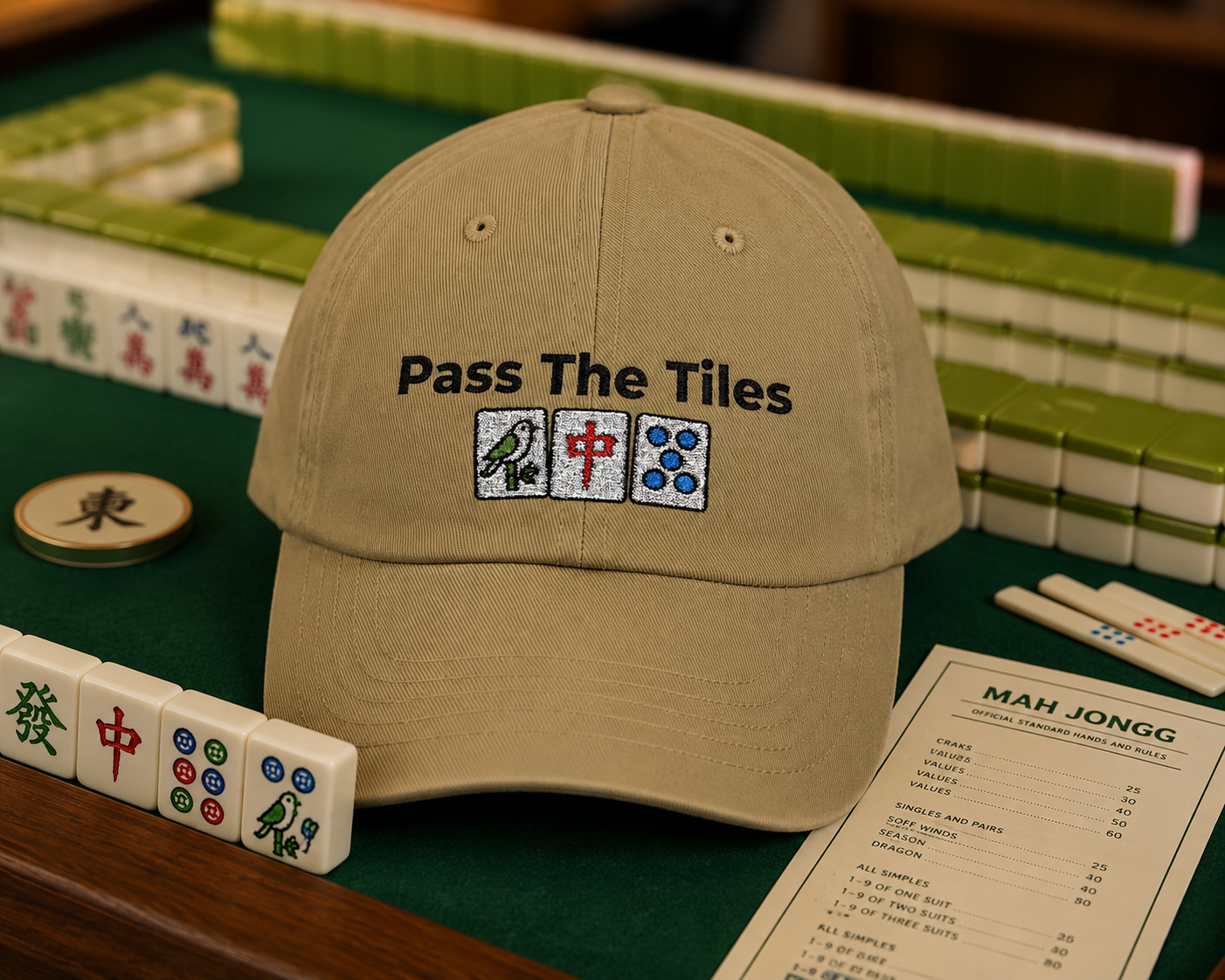 Pass the Tiles - Mah Jongg Embroidered Organic Cotton Baseball Cap Game Day Eco-Friendly Headwear