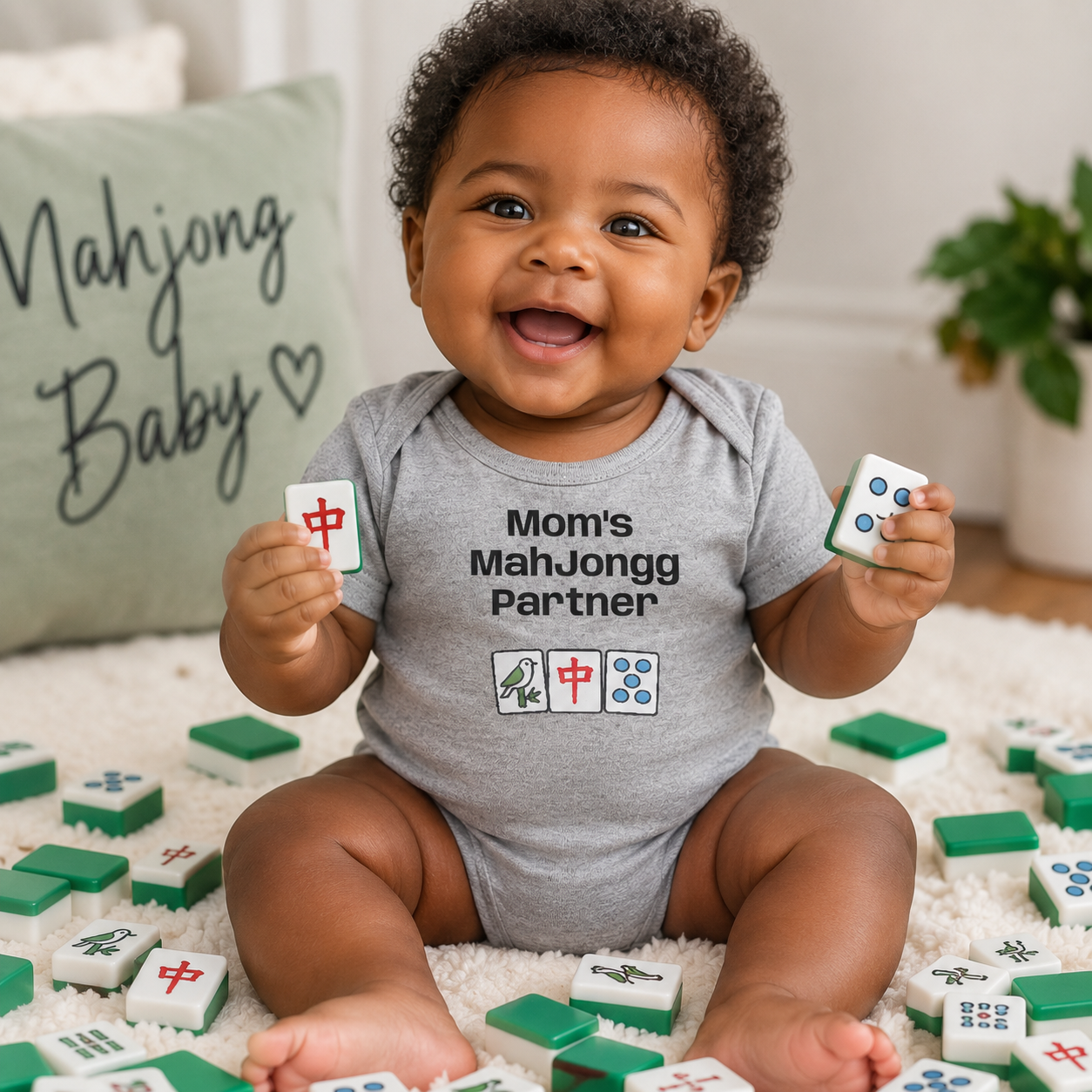Mom's Mah Jongg Partner Bodysuit | Baby Mahjong Tiles Infant Onesie. For Game Night or Family Outing