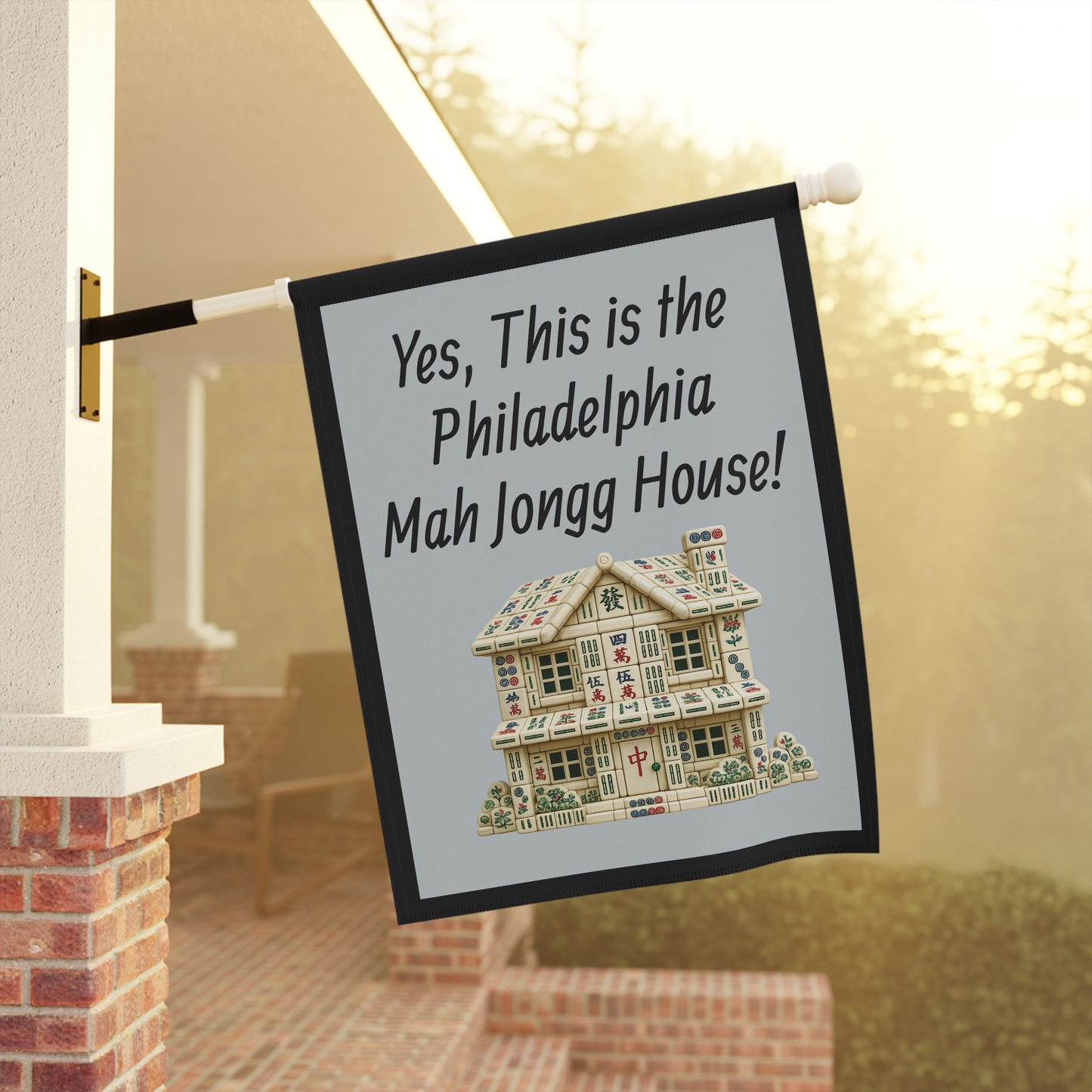 Mah Jongg Flag: "Yes, This Is the Massachusetts Mah Jongg House!"-  Gray Outdoor Flag