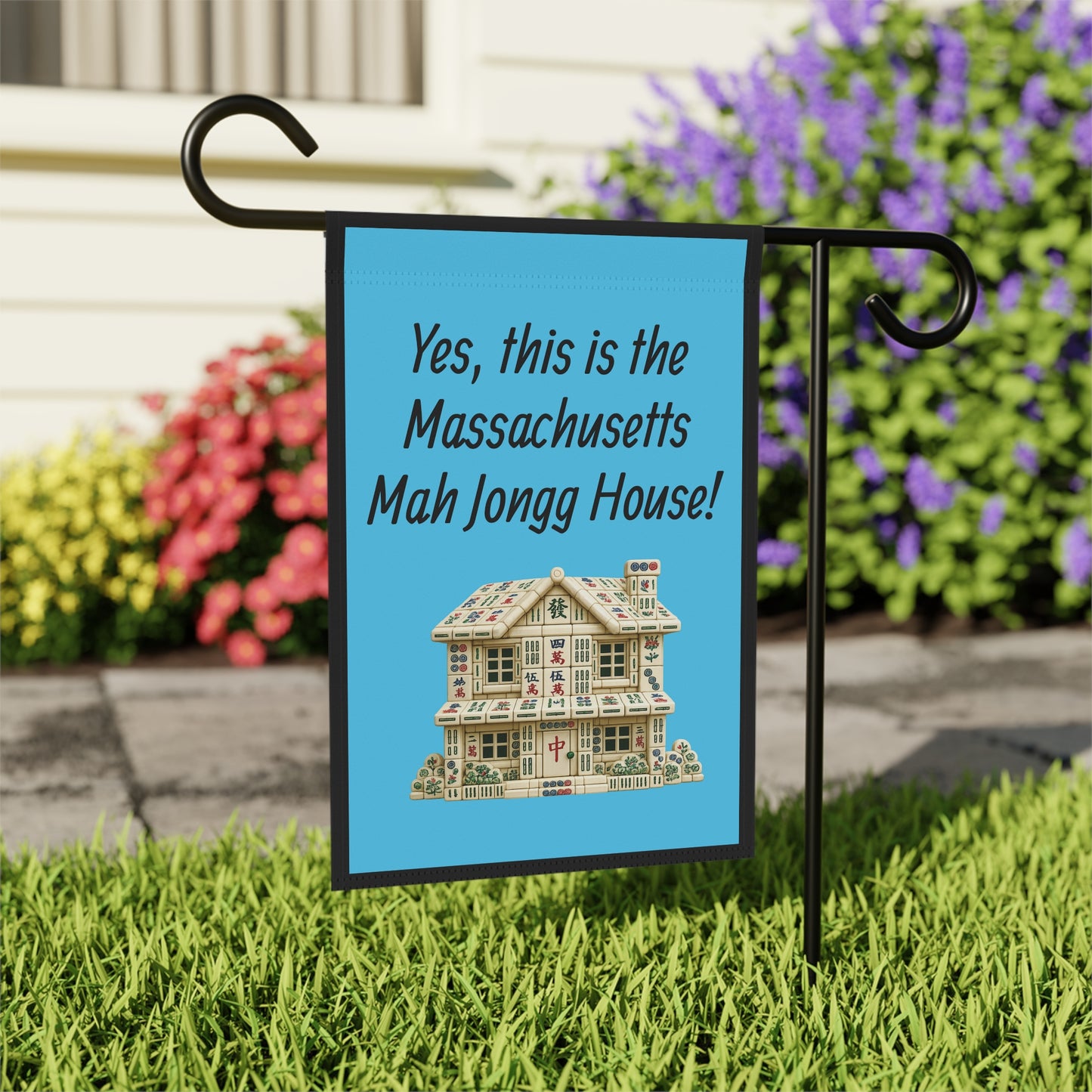 Mah Jongg :"Yes, This Is the Massachusetts Mah Jongg House!" Blue Mah Jongg Flag