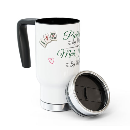 Pickleball by Day, Mah Jongg by Night Travel Mug — 14oz Stainless Steel -For Mah Jongg or Pickleball Games